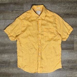 Porter & Ash Shirt Mens Large 100%-Linen Yellow Button Up Short Sleeve 1 Pocket